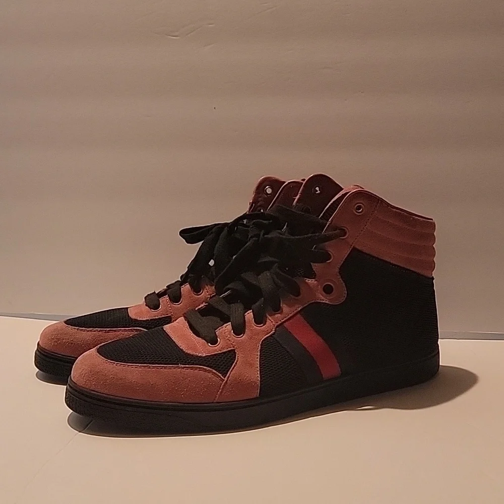 Gucci 9G pink/black web coda high top sneakers gucci size 9 men's uk 9